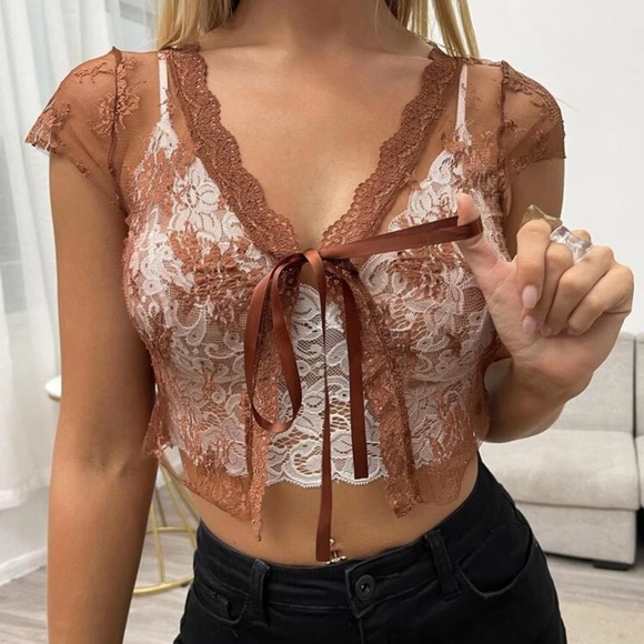 SHEIN Tops - Lace Mesh Brown embroidered tie top